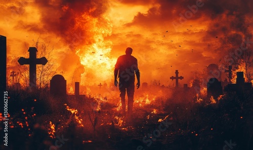 Burning Cemetery Silhouette Man Dramatic Fire Inferno Apocalyptic Scene Dark Orange hell grave cross