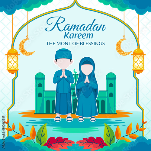 Ramadan kareem post design with illustration of couple saying happy Ramadan
