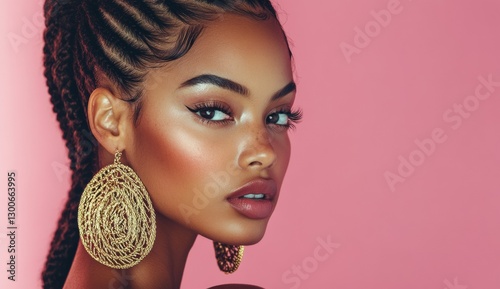 A glowing African American woman with braided hair and large earrings shines gracefully against an orange pink background.