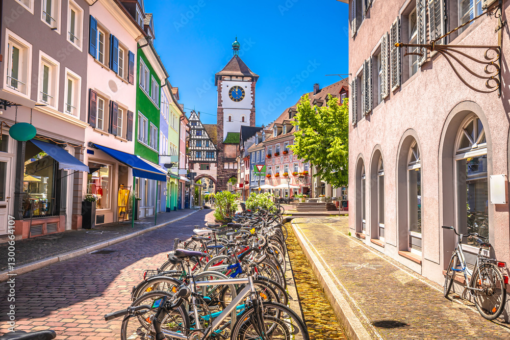 Freiburg im Breisgau historic cobbled street and colorful architecture view
