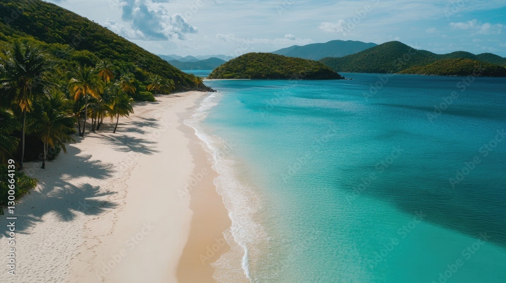 Obraz premium A tropical beach with vibrant turquoise waters meeting soft white sand, bordered by swaying palm trees under the warm sun