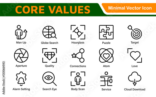 Core Values outline icons set. Core, values, business, leadership, goals, target, client, quality, success, responsibility and quality.