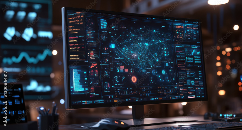 Detailed display of an advanced computer screen showcasing intricate data visualizations and graphs in a modern technological setting Detailed display of an advanced computer screen showcasing intricate data visualizations and graphs in a modern technological setting