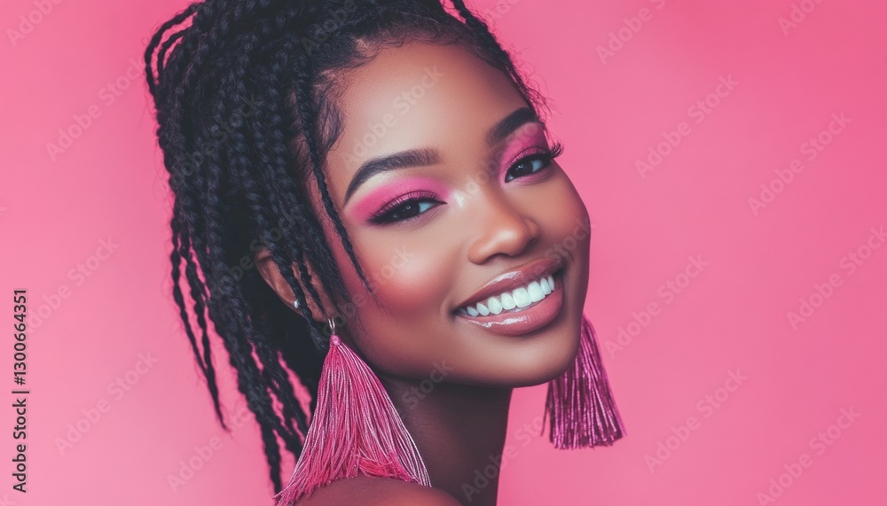 A glowing African American woman with braided hair and large earrings shines gracefully against an orange pink background. A glowing African American woman with braided hair and large earrings shines gracefully against an orange pink background.