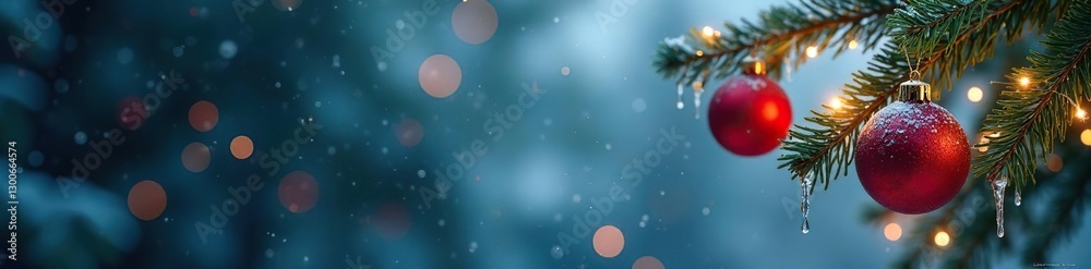 Obraz premium Sparkling icicles hanging from fir tree branches with ornaments, festive, holiday, icicles