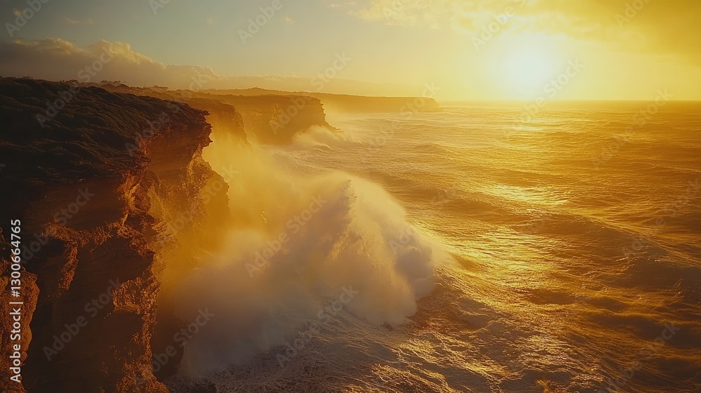 Fototapeta premium A wide view of a golden-lit cliffside, with crashing waves sending sprays of water into the air, creating a breathtaking ocean scene