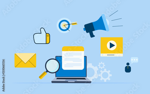 Business content marketing research design concept, vector illustration of seo, research, analysis, content, web, promotion, and business communication.