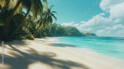 A breathtaking tropical beach with crystal-clear turquoise water, white sand, and tall palms swaying gently in the coastal breeze