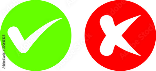 Green check mark and red cross mark in circle, yes or no checkmark, right and wrong button, checklist and Crossmark, x or confirm and deny, vector illustration, correct incorrect.
