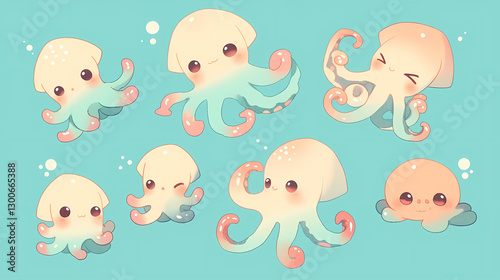 Cute cartoon octopuses and jellyfish playfully interacting in a colorful underwater scene
