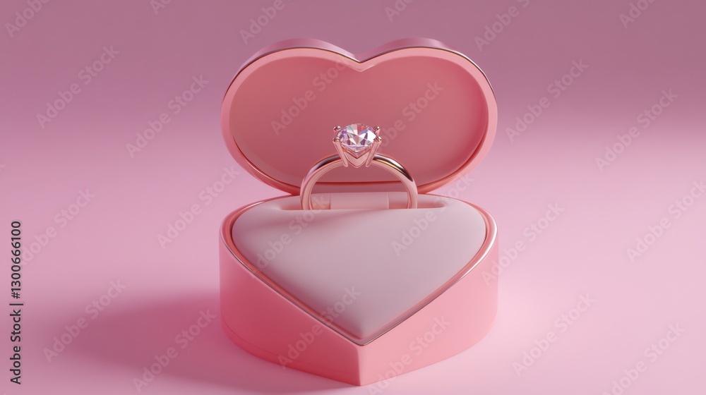 A glowing diamond engagement ring inside a classic heart jewelry box, against a dreamy pink background A glowing diamond engagement ring inside a classic heart jewelry box, against a dreamy pink background