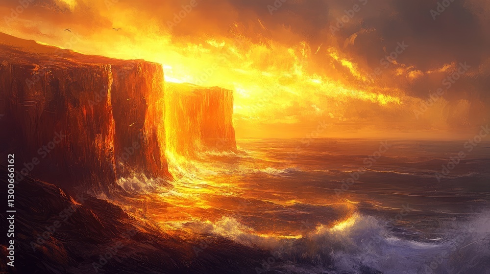 Fototapeta premium A dramatic sunset view of cliffs glowing in golden light, with the ocean waves crashing powerfully against the rugged shoreline
