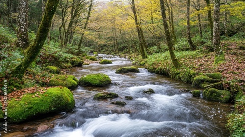 Tranquil Misty Stream in a Foggy Forest Scene