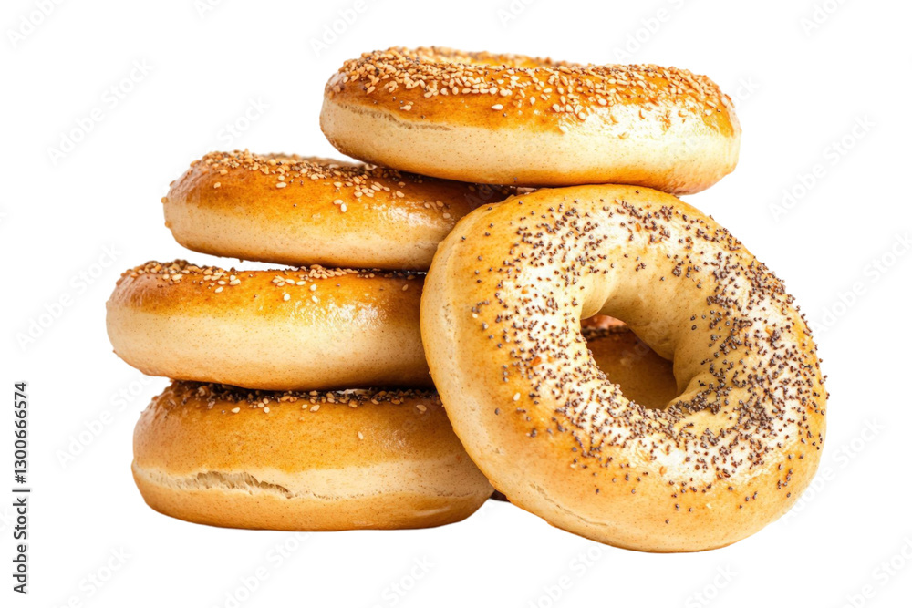 Stack of freshly baked bagels with sesame seeds and poppy seeds in front of a transparent background. Golden brown color Stack of freshly baked bagels with sesame seeds and poppy seeds in front of a transparent background. Golden brown color