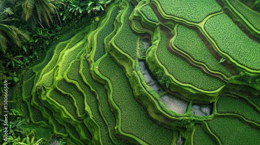 Fototapeta premium Aerial View of Lush Green Rice Terraces in Bali