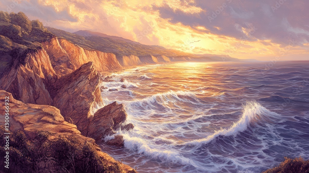 Obraz premium A peaceful yet dramatic cliffside scene with ocean waves breaking below and golden hour light illuminating the rugged rocks above