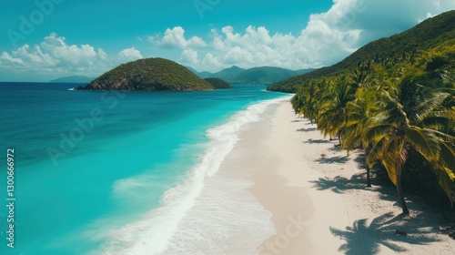 A picture-perfect tropical beach with turquoise waters stretching into the horizon, soft white sand, and lush swaying palms