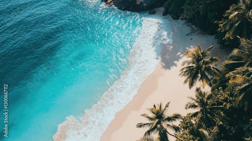 A picture-perfect tropical beach with turquoise waters stretching into the horizon, soft white sand, and lush swaying palms