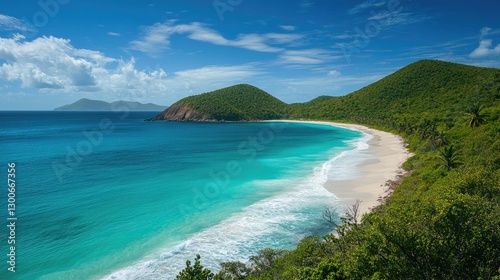 A picturesque tropical beach with turquoise waves meeting a white sandy shore, surrounded by swaying palms and clear blue skies