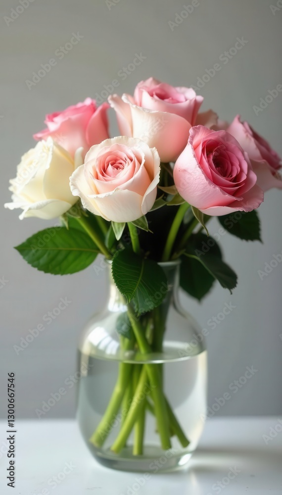 Delicate pink and white roses in a clear glass vase , bouquet, summer Delicate pink and white roses in a clear glass vase , bouquet, summer