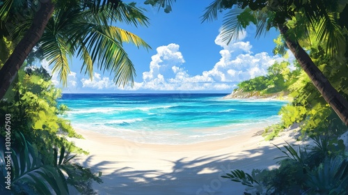 A pristine tropical beach framed by lush palm trees, turquoise waves gently rolling onto the white sandy shore under a clear blue sky