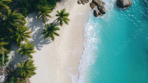 A pristine tropical beach with turquoise waters gently lapping at the shore, soft white sand, and lush palm trees swaying in the ocean breeze