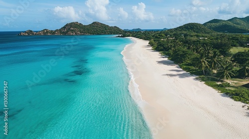 A pristine tropical beach with turquoise waters gently lapping at the shore, soft white sand, and lush palm trees swaying in the ocean breeze