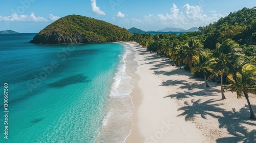 A pristine tropical beach with turquoise waters shimmering under the sun, soft white sand, and palm trees swaying in harmony with the breeze