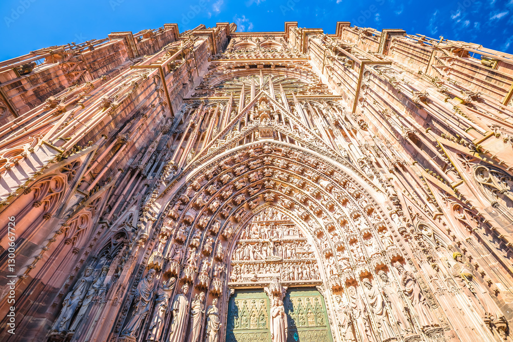 Spectacular portal architecture and front facade of Strasbourg cathedral of Notre Dame