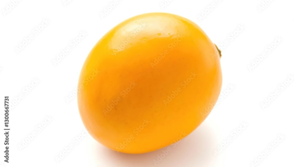 Single ripe mango, vibrant yellow-orange skin, glossy texture, isolated on pure white, produce, macro