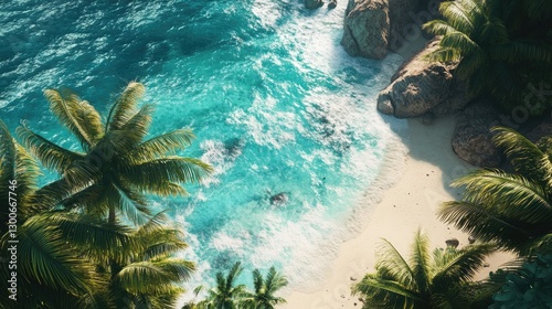 A pristine tropical coastline with vibrant turquoise waters, soft white sand, and lush palm trees gently moving in the wind