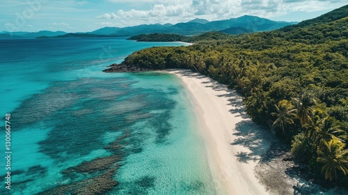 A pristine tropical coastline with vibrant turquoise waters, soft white sand, and lush palm trees gently moving in the wind