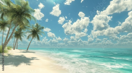 A serene tropical scene with pristine turquoise waters, soft white sand, and a row of palm trees under a sunny sky