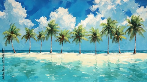 A serene tropical scene with pristine turquoise waters, soft white sand, and a row of palm trees under a sunny sky