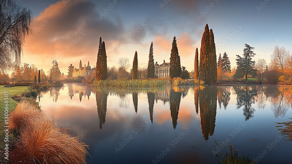 Obraz premium Autumn Sunrise Reflections on Serene Lake, Historic Estates