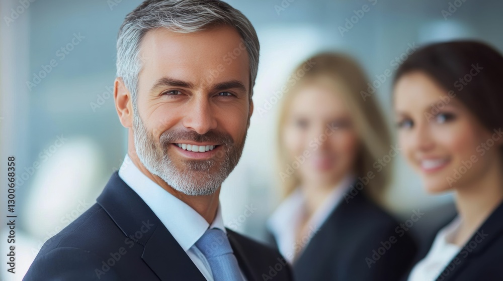 A small group of diverse business professionals, led by a confident senior leader, stands united in a modern office setting.