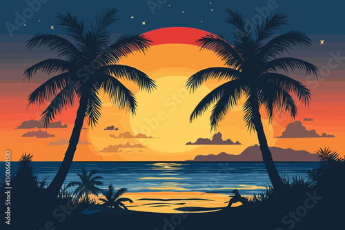 Palm trees silhouettes on tropical summer beach icon for t-shirt, isolated on a white background, Flat style vector illustration, beach with palm trees vintage vector illustration