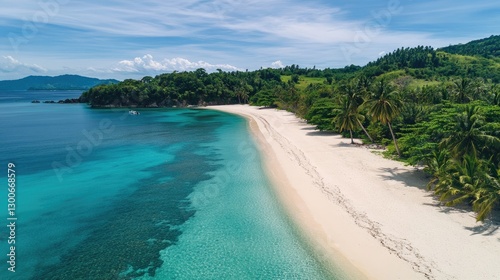 A stunning tropical beach with pristine turquoise water, powdery white sand, and palm trees leaning over the idyllic shoreline