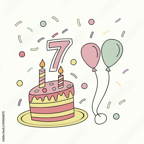 7th Birthday Celebration Vector – Cake, Balloons & Festive Decor