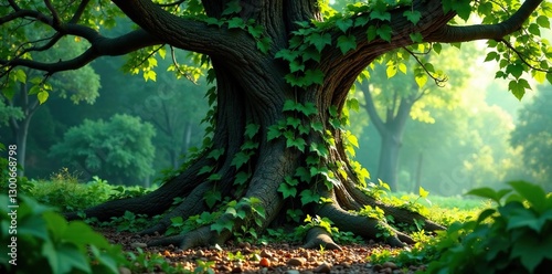 Vines and leaves tangled around a massive trunk, tree, earthy, overgrown