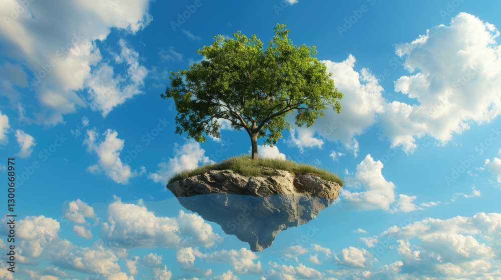 A solitary tree stands on a floating island amidst a vibrant blue sky filled with fluffy clouds, symbolizing tranquility