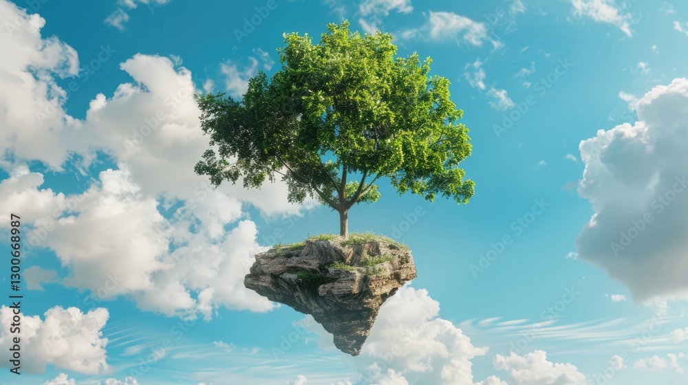 A solitary tree grows on a floating rock amidst a bright blue sky, surrounded by fluffy clouds, symbolizing nature's resilience