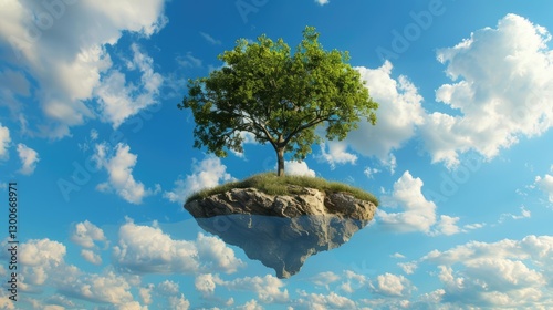 Obraz na płótnie A solitary tree stands on a floating island amidst a vibrant blue sky filled with fluffy clouds, symbolizing tranquility w salonie