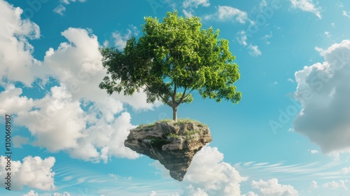 Obraz na płótnie A solitary tree grows on a floating rock amidst a bright blue sky, surrounded by fluffy clouds, symbolizing nature's resilience w salonie