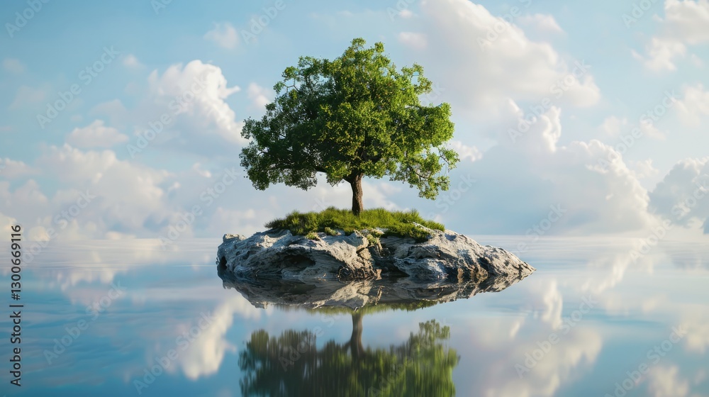 A solitary tree stands on a small rocky island surrounded by calm waters under a bright blue sky with fluffy clouds