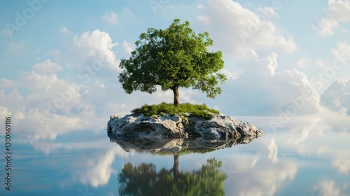 Obraz na płótnie A solitary tree stands on a small rocky island surrounded by calm waters under a bright blue sky with fluffy clouds w salonie