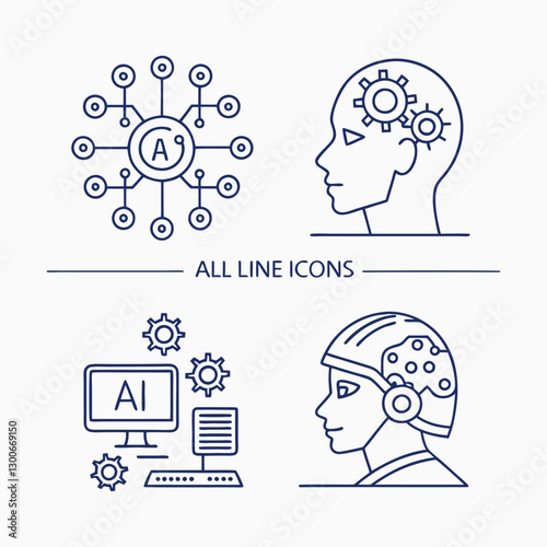 AI technology vector icons – neural network, machine learning, human intelligence