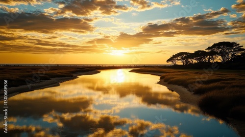 Tranquil Waterway at Golden Hour with Stunning Reflections