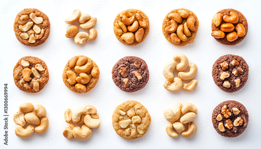 Various delicious cashew cookies isolated on white Various delicious cashew cookies isolated on white