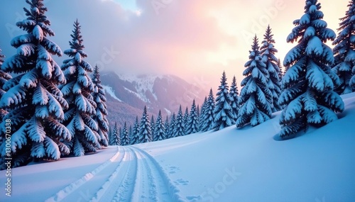 Frozen forest landscape with snow-covered slope, cold, winter, forest